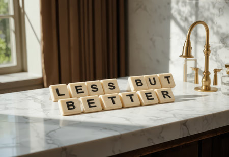 A striking minimalist message "LESS BUT BETTER" displayed on a marble countertop creates an elegant kitchen vibe. The warm light adds to the serene atmosphere.の素材