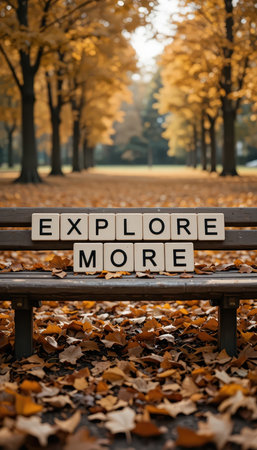 A serene autumn scene featuring a wooden bench covered in vibrant fall leaves, displaying a message to explore more. Ideal for inspiring adventure themes.の素材