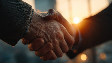 This image captures a close-up of two hands engaged in a handshake during sunset, symbolizing partnership, trust, and new beginnings in the business world.の素材