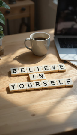 A warm and inviting scene featuring a motivational message arranged with letter tiles. A coffee cup sits beside a laptop, perfect for inspiring creativity and productivity.の素材