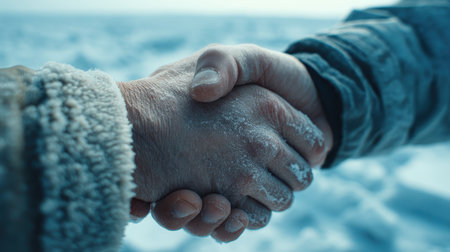 Two hands shaking in a cold, icy environment symbolize unity and cooperation. This touching moment conveys trust, partnership, and the spirit of collaboration.の素材