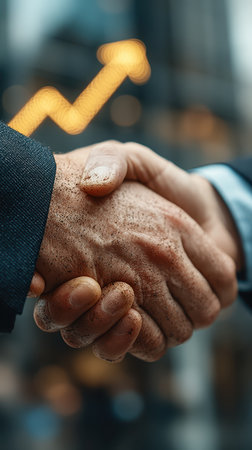 Two hands shaking symbolize a strong business partnership with a financial growth indicator in the background, showcasing trust and collaboration in the corporate world.の素材