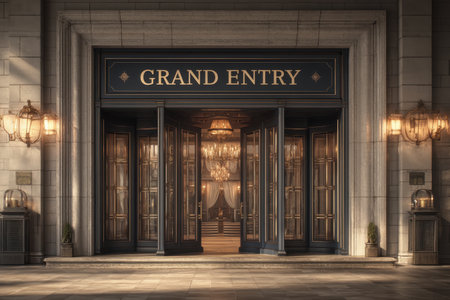 A stunning entryway featuring open doors, luxurious chandeliers, and elegant decor that creates a welcoming and sophisticated ambiance in a refined space.の素材