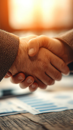 This image captures a close-up of two hands engaging in a handshake, symbolizing agreement and collaboration in a professional setting. Warm lighting enhances the moment.の素材