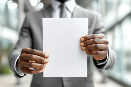 A confident businessman in a suit holds a blank piece of paper in an office setting, ready for a presentation or important announcement. The modern atmosphere emphasizes professionalism.の素材