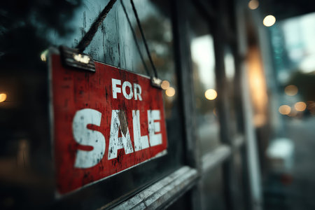 A rustic "For Sale" sign hangs on a door, set against a blurred urban backdrop. The weathered look adds charm, evoking interest in potential buyers.の素材