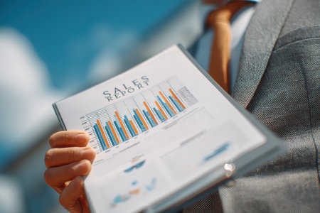 A professional businessman holds a detailed sales report showcasing colorful charts and graphs. The image emphasizes analysis, strategy, and business performance in an office setting.の素材
