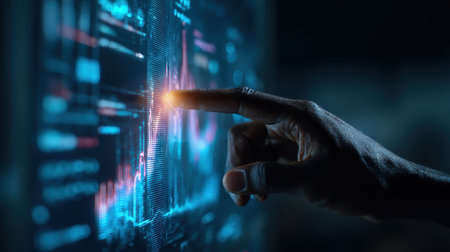 A hand reaches out to touch a vibrant digital data visualization on a screen, illustrating the interaction between technology and analytics in modern business.の素材
