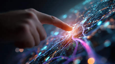 A close-up view of a finger touching a vibrant digital map, showcasing glowing connections and data flow, representing technology and innovation in a virtual space.の素材