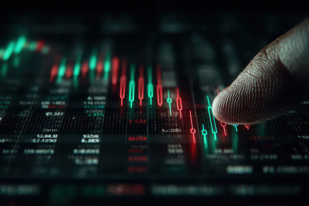 A close-up image of a finger interacting with digital stock market graphs, showcasing vibrant candlestick patterns and highlighting trading analysis within financial markets.の素材