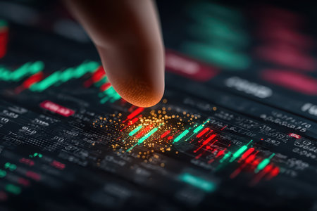 Close-up view of a finger interacting with stock market data on a digital screen. The display features colorful candlestick charts illustrating market trends and analysis.の素材