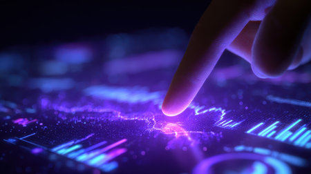 A close-up view of a finger interacting with a glowing digital interface, showcasing vibrant graphs and data visualization. Ideal for technology and innovation themes.の素材
