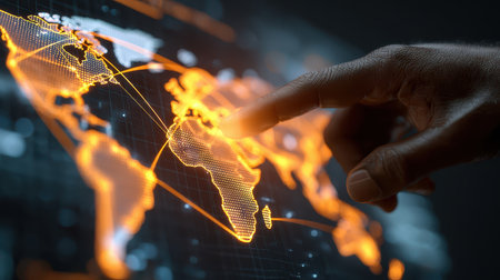 A close-up of a hand interacting with a digital map showcasing data connections across regions. This image symbolizes innovation and global communication in technology.の素材