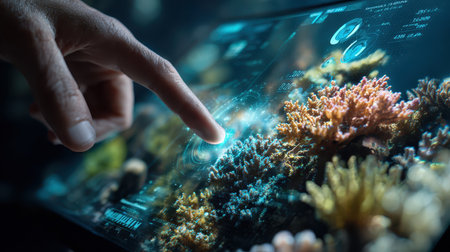A close-up view of a hand interacting with a digital interface over a vibrant coral reef. This image highlights the blend of technology and marine life for educational purposes.の素材