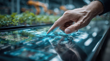 A hand interacts with a high-tech touchscreen display, showcasing innovative greenhouse management tools, highlighting the convergence of technology and agriculture for efficient plant growth.の素材