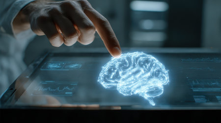 A hand interacts with a glowing 3D brain hologram on a digital device, symbolizing advanced technology and neuroscience innovation. Perfect for scientific themes.の素材