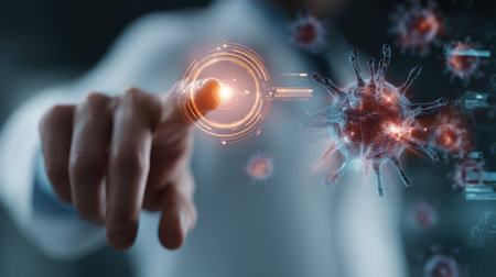 A scientist uses a touchscreen to interact with a digital visualization of a virus in a laboratory, representing advanced research in healthcare technology and disease prevention.の素材