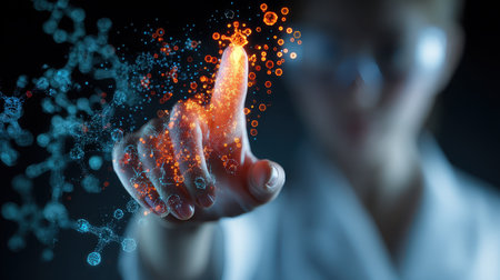 A scientist reaches out to interact with glowing digital particles in a high-tech laboratory setting, symbolizing innovation and cutting-edge research in science.の素材