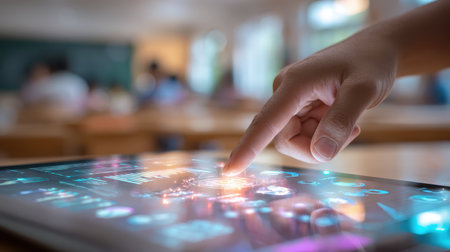 A close-up image of a human hand touching a glowing digital tablet screen featuring vibrant data visualizations, symbolizing innovation in education and technology.の素材
