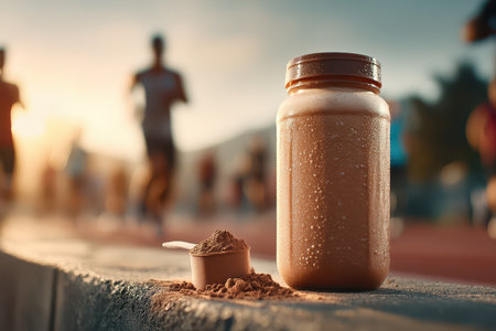 A close-up of a protein powder jar with a scoop beside it on a running track. Runners can be seen in the background illuminated by a beautiful sunset, capturing the essence of fitness and nutrition.の素材