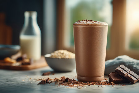 A creamy chocolate drink made with milk and oats, served in a glass, evokes comfort and indulgence in a cozy kitchen setting, perfect for any time of day.の素材