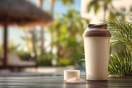 A colorful fitness shake container sits next to a scoop of protein powder on a wooden table, with a serene tropical poolside view in the backdrop, embodying a refreshing and active lifestyle.の素材