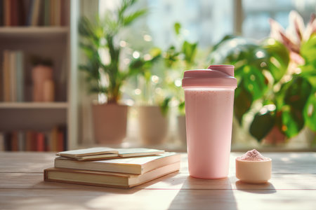 A refreshing protein shake sits next to a stack of books in a bright kitchen filled with plants. Ideal for a healthy lifestyle, this image showcases fitness and nutrition in a stylish setting.の素材
