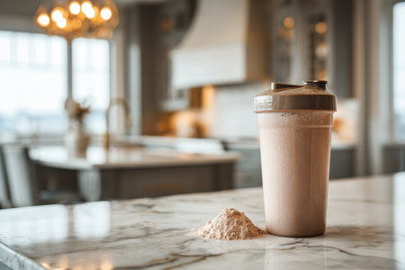 A protein shake rests on a marble countertop in a stylish modern kitchen, highlighting wellness and nutritious lifestyle choices in a bright, inviting space.の素材