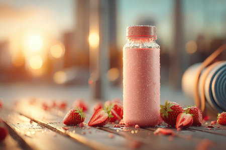Enjoy a refreshing strawberry smoothie in a glass bottle surrounded by fresh strawberries. This vibrant scene captures the essence of summer, health, and delicious taste.の素材
