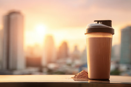 A refreshing protein shake rests on a table with a beautiful urban skyline in the background during sunrise, symbolizing health and fitness.の素材