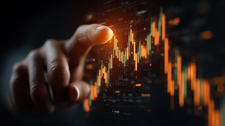 A close-up view of a fingertip interacting with a digital finance chart, highlighting the importance of technology in financial analysis and market trends.の素材