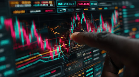 A close-up of a hand pointing at vibrant financial graphs on a touchscreen monitor, illustrating stock market analysis and investment strategies in a digital environment.の素材