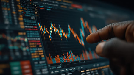 A close-up view of a hand interacting with stock market charts on a digital display showcasing trends, analytics, and financial data for informed decision-making.の素材