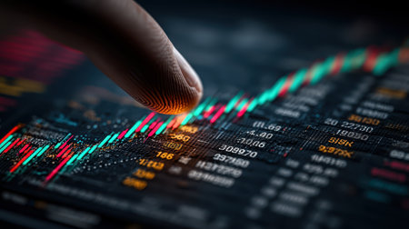 Close-up of a finger pointing at a digital stock chart, depicting financial data analysis and market trends. Ideal for visuals of finance and technology topics.の素材