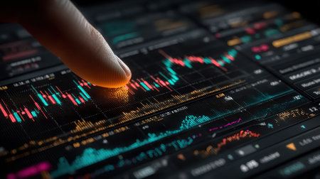 A close-up view of a finger interacting with a digital screen displaying detailed financial data, market analytics, and stock performance visualizations, perfect for business or finance themes.の素材