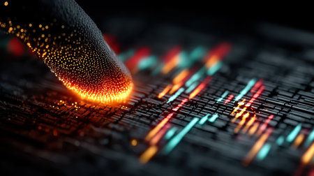 This image showcases a captivating close-up of a glowing fingerprint interacting with digital data. The vibrant colors and patterns create an abstract representation of technology and innovation.の素材
