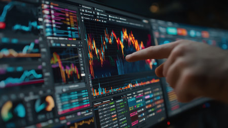 A professional analyzes financial data displayed on modern digital screens, showcasing vibrant graphs and charts. This image represents technology in finance.の素材