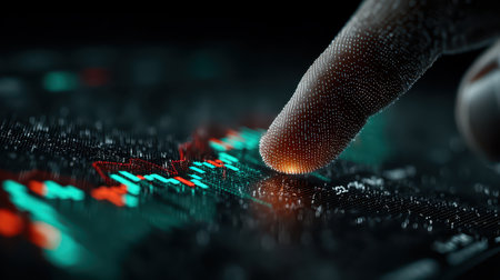 Close-up view of a finger touching digital stock market data visualization, showcasing vibrant colors and intricate patterns that highlight market fluctuations and trends.の素材