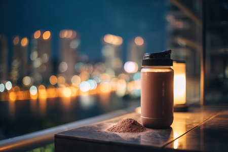 A protein shake sits next to a dust of powder on a table, illuminated by city lights. This visual captures the essence of health, fitness, and urban lifestyle at night.の素材