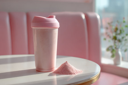 A stylish pink protein shaker rests next to a mound of powder on a bright table, capturing a contemporary aesthetic perfect for fitness enthusiasts and healthy eating.の素材