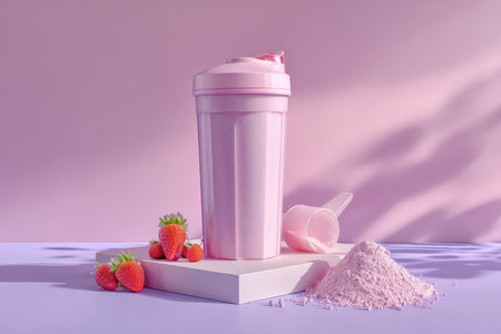 A vibrant pink protein shake sits next to fresh strawberries and powder on a purple background, emphasizing health, fitness, and refreshment in a stylish arrangement.の素材