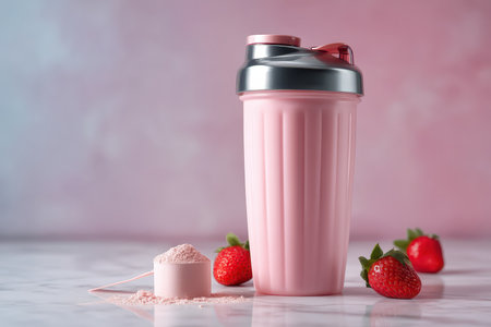 A stylish pink protein shaker stands beside fresh strawberries and powder, perfect for fitness enthusiasts or healthy lifestyle promotion, showcasing modern design.の素材