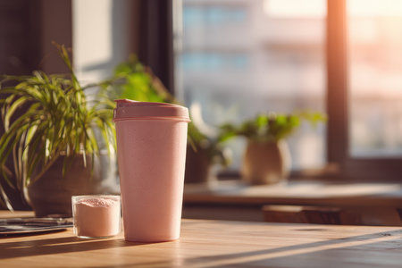 A bright morning scene with a smoothie cup and protein powder on a wooden table, surrounded by greenery, capturing wellness and vitality in a cozy kitchen setting.の素材