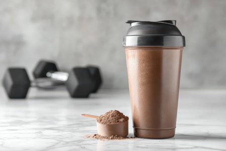 A brown protein shake bottle stands next to a scoop of powder and dumbbells on a marble surface, symbolizing fitness and healthy nutrition for an active lifestyle.の素材