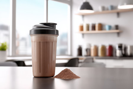 A chocolate protein shake in a shaker bottle sits on a kitchen countertop, surrounded by a powder spill. Ideal for fitness enthusiasts seeking nutritious drinks.の素材