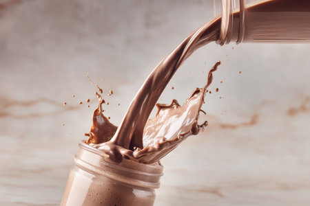 A mesmerizing shot of chocolate milk pouring from a bottle, creating a splash in a rustic setting. Ideal for promoting delicious beverages or desserts.の素材