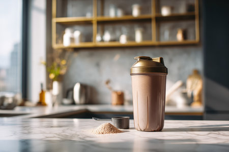 A chocolate protein shake sits in a shaker bottle on a sleek kitchen counter, showcasing a healthy lifestyle and fitness preparation. Perfect for nutrition enthusiasts.の素材