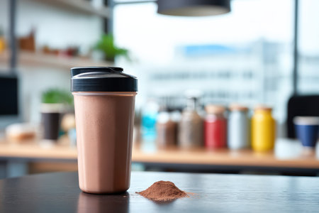 A close-up of a protein shake container filled with chocolate powder, set on a wooden table in a modern workspace. The image conveys themes of fitness and nutrition.の素材