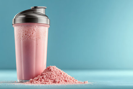 A vibrant pink protein shake sits in a shaker beside a pile of powdered supplement. This image captures the essence of health and fitness nutrition in a modern lifestyle.の素材