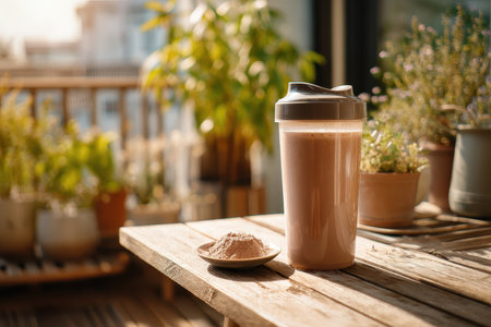 A vibrant protein shake in a clear container sits on a wooden table, complemented by a scoop of chocolate powder. The bright atmosphere highlights a health and fitness lifestyle.の素材